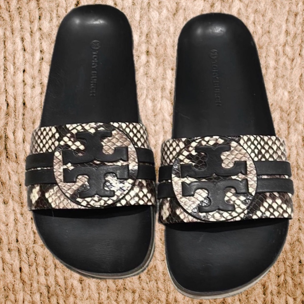 Tory Burch Black & Beige Snake-Print Logo Slide Sandals